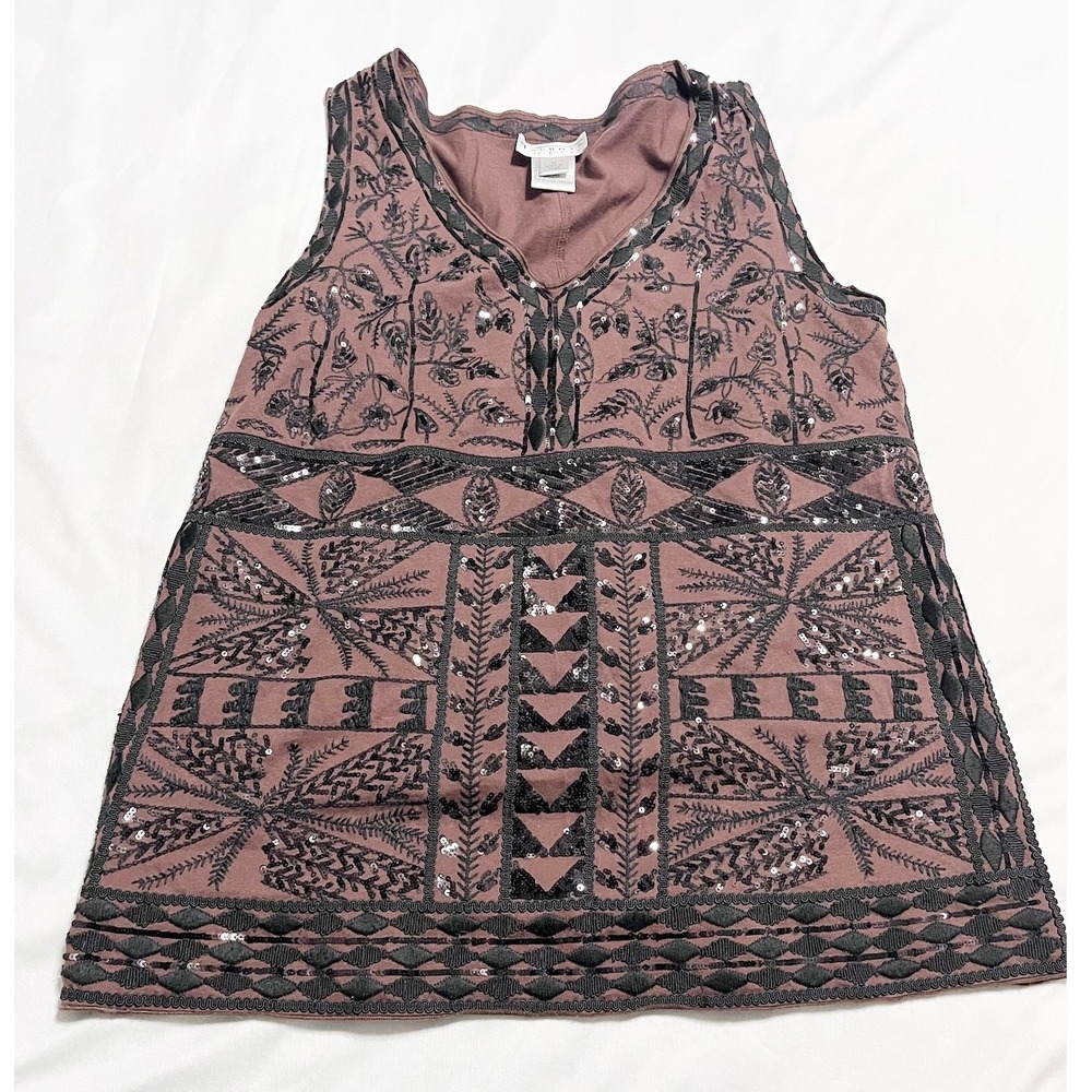Talbots Collection Sequin Embellished Aztec Embroidered Tank Top Brown‎ Size M